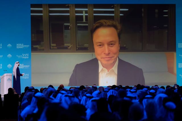 Elon Musk talks virtually to UAE minister of cabinet affairs Mohammad Al Gergawi during the World Government Summit in Dubai, United 