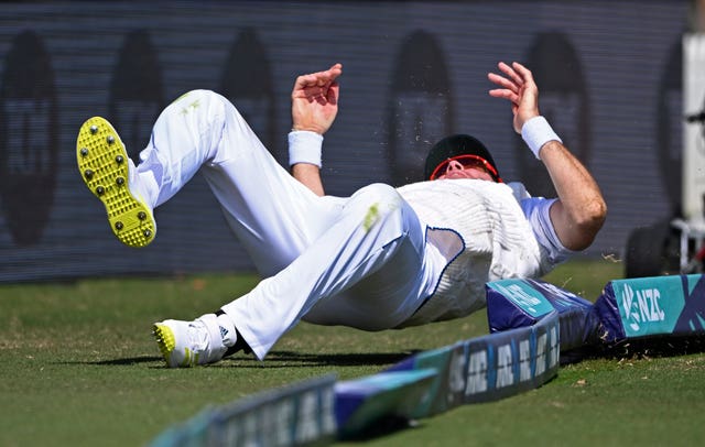 James Anderson falls over the boundary while fielding against New Zealand
