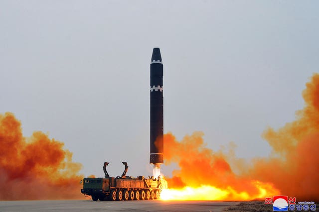 A test launch of a Hwasong-15 intercontinental ballistic missile at Pyongyang International Airport in North Korea