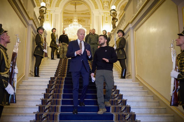 President Joe Biden, centre left, meets with Ukrainian President Volodymyr Zelensky at Mariinsky Palace