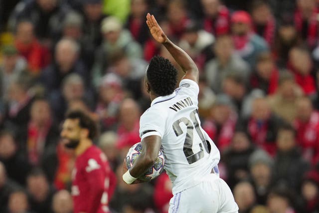 Real Madrid’s Vinicius Junior scored twice as Liverpool slipped to a 5-2 defeat in the Champions League.