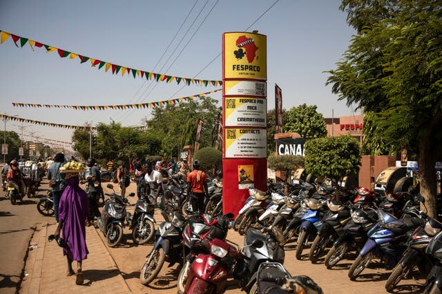 Motorbikes parked in front of the FESPACO (Pan African Film and Television Festival) headquarters in Ouagadougou, Burkina Faso