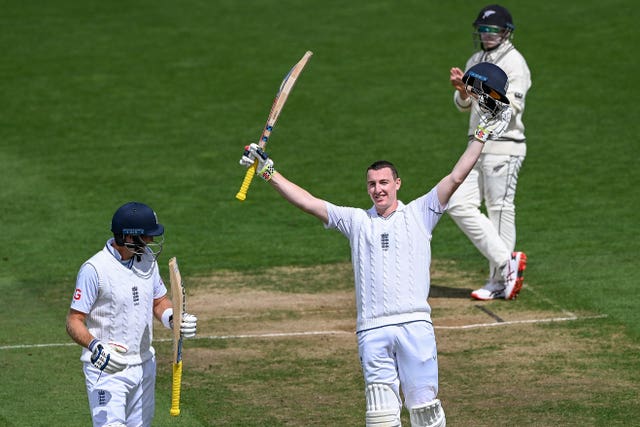 Harry Brook celebrates his century 