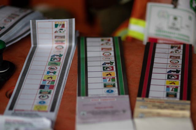 Voting ballots are displayed on a table of a polling station during the presidential elections in Agulu, Nigeria