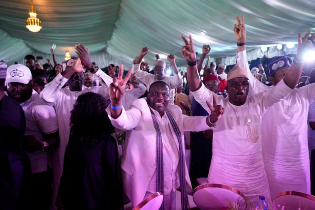 Supporters of Presidential candidate Bola Tinubu of the All Progressives Congress celebrate the victory of their candidate in the presidential elections at the Party’s campaign headquarters in Abuja, Nigeria, Wednesday, March 1, 2023. Election officials declared ruling party candidate Tinubu the winner of Nigeria’s presidential election with the two leading opposition candidates already demanding a re-vote in Africa’s most populous nation