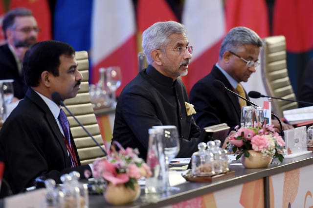 Indian External Affairs Minister Subrahmanyam Jaishankar, center, speaks during the G20 foreign ministers’ meeting in New Delhi on Thursday