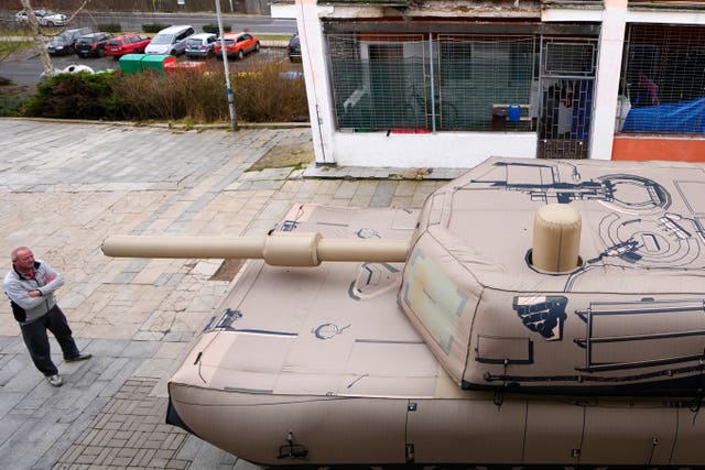 An inflatable decoy of an Abrams tank