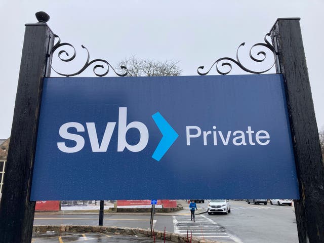 A Silicon Valley Bank sign is shown outside a branch in Wellesley, Massachusetts