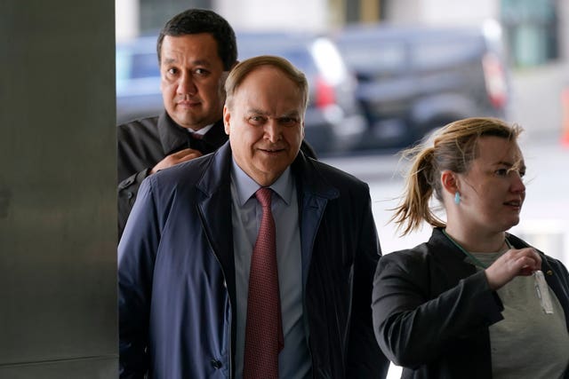 Anatoly Antonov, centre, Russian ambassador to the United States, arrives for a meeting with assistant secretary of state for Europe Karen Donfried at the US State Department in Washington