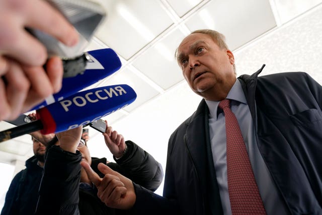 Anatoly Antonov, Russian ambassador to the United States, speaks with reporters after meeting with assistant secretary of state for Europe Karen Donfried at the US State Department in Washington