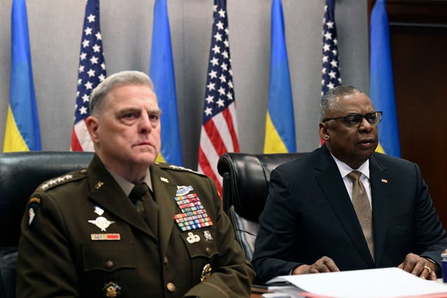 US defence secretary Lloyd Austin, right, and Chairman of the Joint Chiefs of Staff General Mark Milley attend a virtual meeting of the Ukraine Defence Contact Group at the Pentagon in Washington 