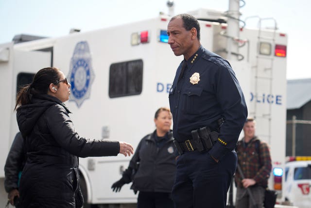 Denver police chief Ron Thomas outside East High School 