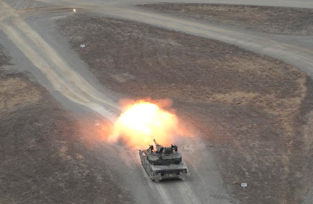 A South Korean army tank fires during a combined live-fire exercise between South Korea and the US 