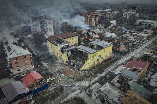 An aerial view of Bakhmut, the site of heavy battles with Russian troops in the Donetsk region, Ukraine, on March 26