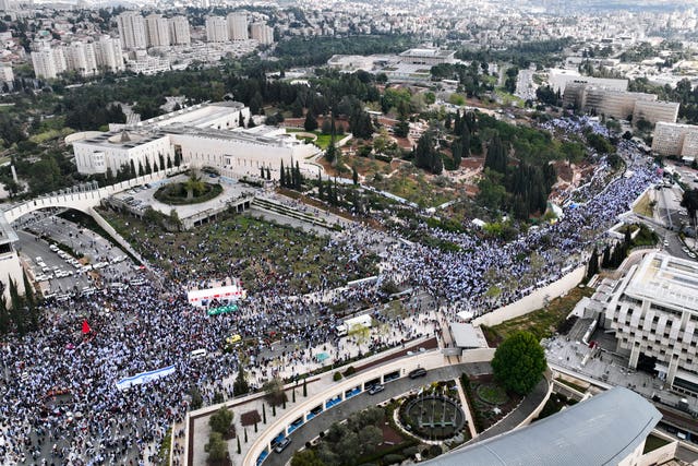 Tens of thousands Israelis protesting against Mr Netanyahu’s judicial overhaul plan outside the parliament in Jerusalem earlier this week 