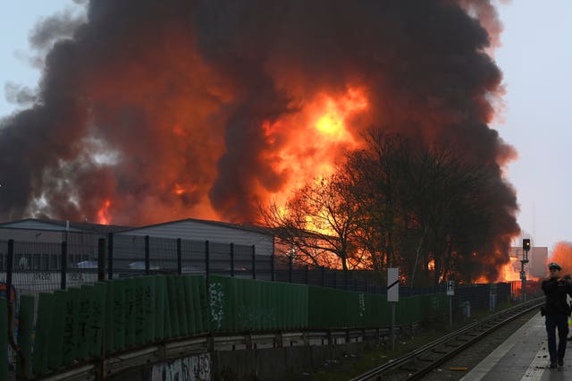 Huge flames rise from a fire in Hamburg, Germany