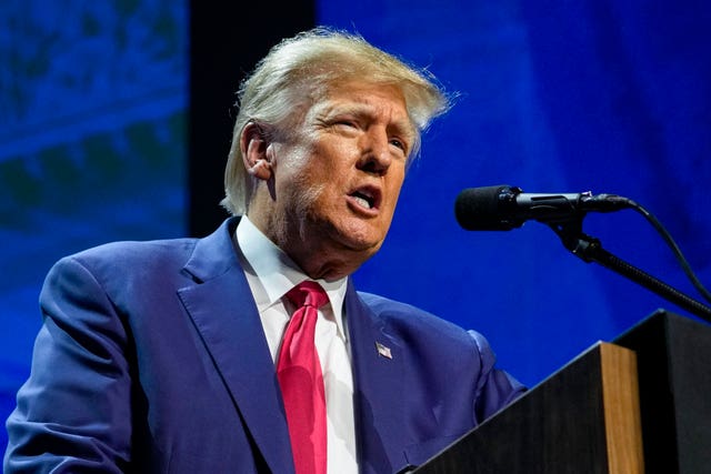 Former US president Donald Trump speaks at the National Rifle Association Convention in Indianapolis in April 