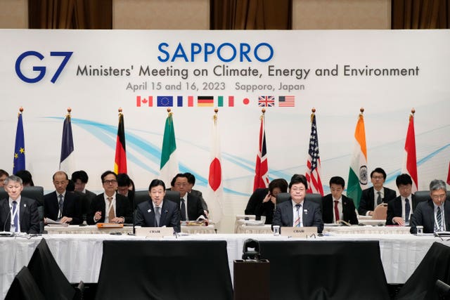 Japan’s economy minister Yasutoshi Nishimura, centre left, with environment minister Akihiro Nishimura, centre right, speaks at the beginning of a plenary session in the G7 ministers’ meeting on climate, energy and environment in Sapporo, northern Japan 