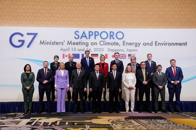 G7 ministers on climate, energy and environment,, including Environment Secretary Therese Coffey and Energy Secretary Grant Shapps, pose for a photo in Sapporo, northern Japan 