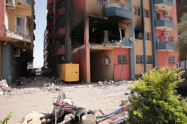 Residential buildings damaged in fighting are seen in Khartoum, Sudan