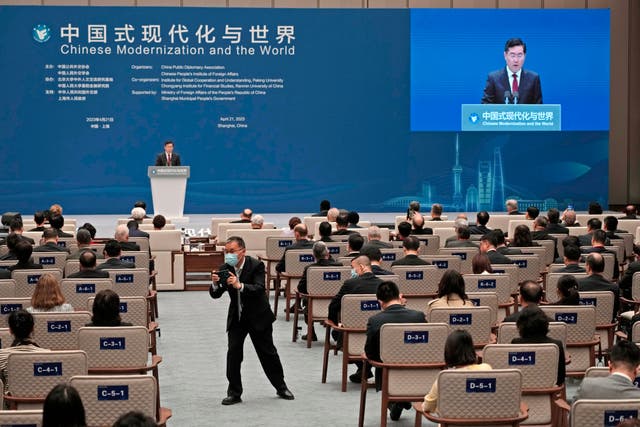 Chinese foreign minister Qin Gang speaks during a forum titled Chinese Modernisation and the World, held at The Grand Halls in Shanghai, on Friday April 21 2023