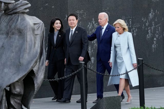 US president Joe Biden, centre right, and South Korea’s president Yoon Suk Yeol, centre left 