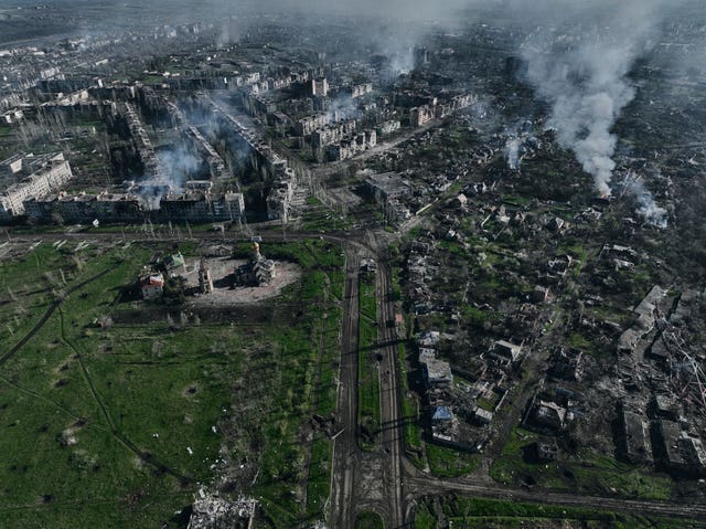 Smoke rises from buildings in this aerial view of Bakhmut, the site of the heaviest battles with Russian troops in the Donetsk region, Ukraine