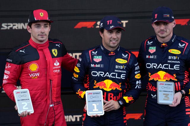 Sergio Perez, centre, beat Charles Leclerc, left, and Max Verstappen in the sprint race