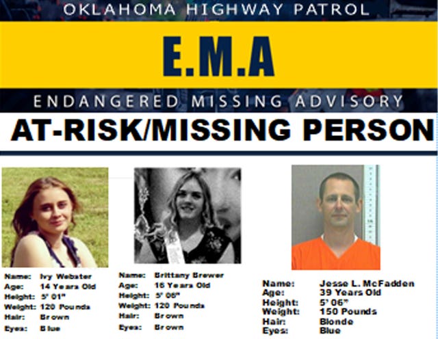 This missing poster provided by the Oklahoma Highway Patrol shows 14-year-old Ivy Webster, left, 16-year-old Brittany Brewer, centre, and Jesse McFadden, who were reported missing