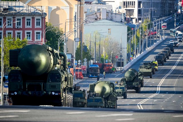 Russian RS-24 Yars ballistic missiles roll towards Red Square to attend a dress rehearsal for the Victory Day military parade in Moscow, Russia