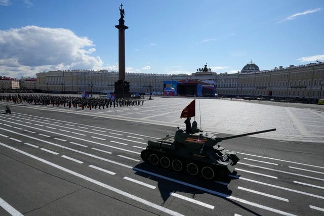 A Second World War Soviet army T-34 tank during a rehearsal for the Victory Day military parade which will take place at Dvortsovaya (Palace) Square on May 9 to celebrate 78 years after the victory in the Second World War in St Petersburg, Russia