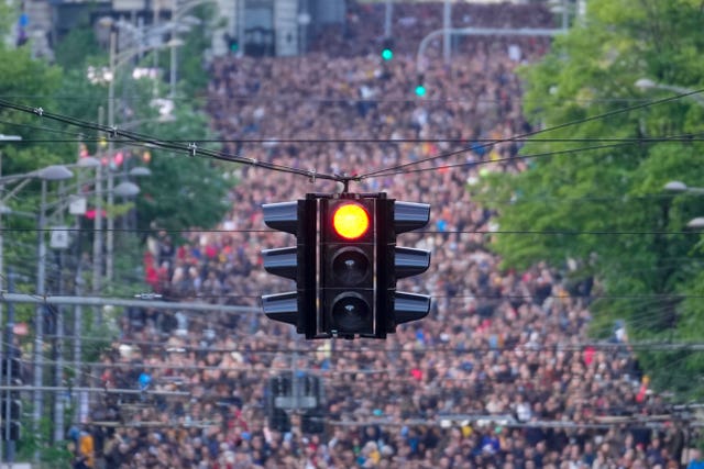 People march during a rally against violence in Belgrade, Serbia