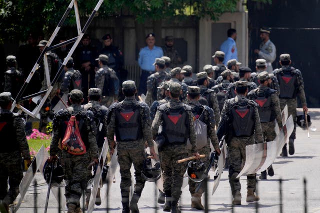 Paramilitary troops arrive to ensure security at the premises of Islamabad High Court, ahead of the appearance of Pakistan’s former prime minister Imran Khan