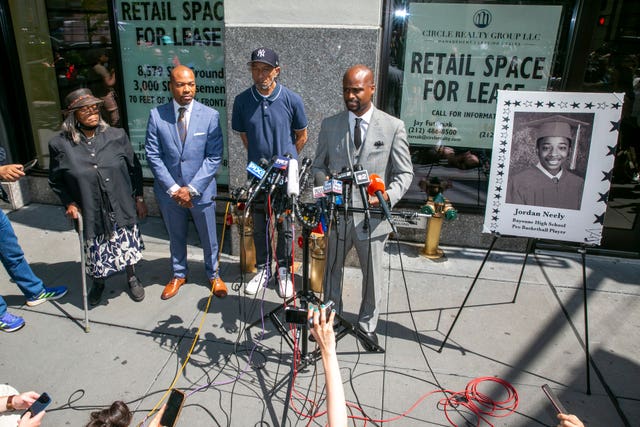 From right, lawyer Donte Mills; Jordan Neely’s father, Andre Zachery; lawyer Lennon Edwards; and Mr Neely’s aunt Mildred Mahazu at a news conference in New York City