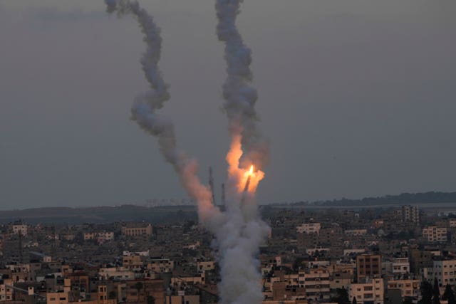 Rockets are launched by Palestinian militants from the Gaza Strip towards Israel