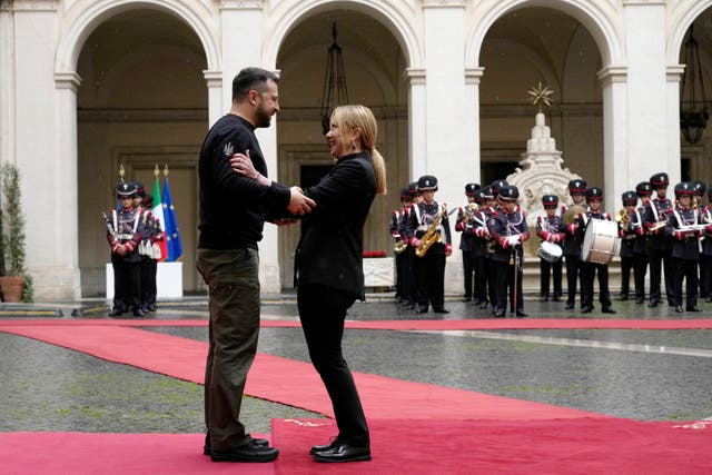 Italian Premier Giorgia Meloni meets Ukrainian President Volodymyr Zelensky at Chigi Palace, Government’s office, in Rome