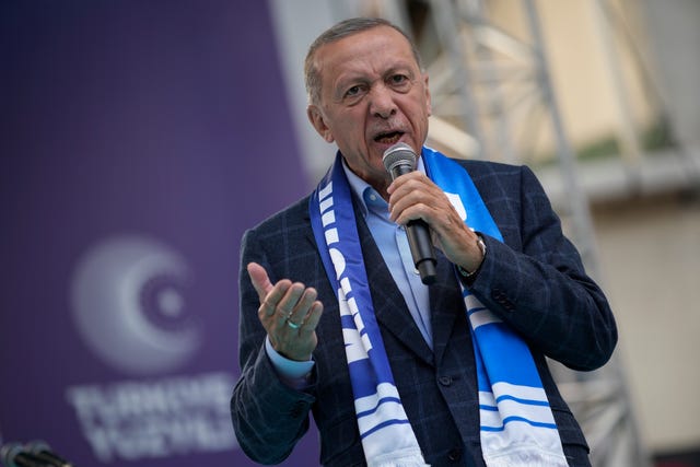 Turkish President Recep Tayyip Erdogan delivers a speech during an election campaign rally in Istanbul, Turkey 