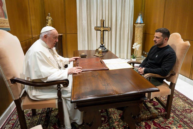 Pope Francis meeting Ukrainian President Volodymyr Zelensky during a private audience at the Vatican