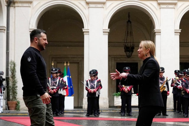 Italian Premier Giorgia Meloni, right, meets Ukrainian President Volodymyr Zelensky at Chigi Palace in Rome 
