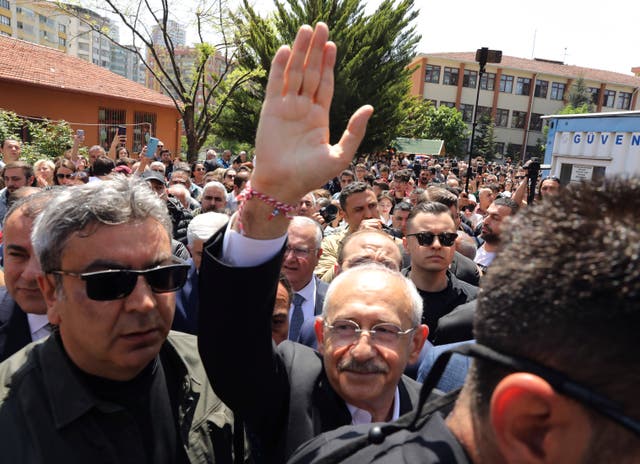 Republican People’s Party leader Kemal Kilicdaroglu with supporters at a polling station in Ankara 