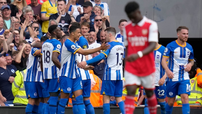 Pervis Estupinan celebrates after scoring in Brighton’s 3-0 win at Arsenal (Kirsty Wigglesworth/AP/PA)
