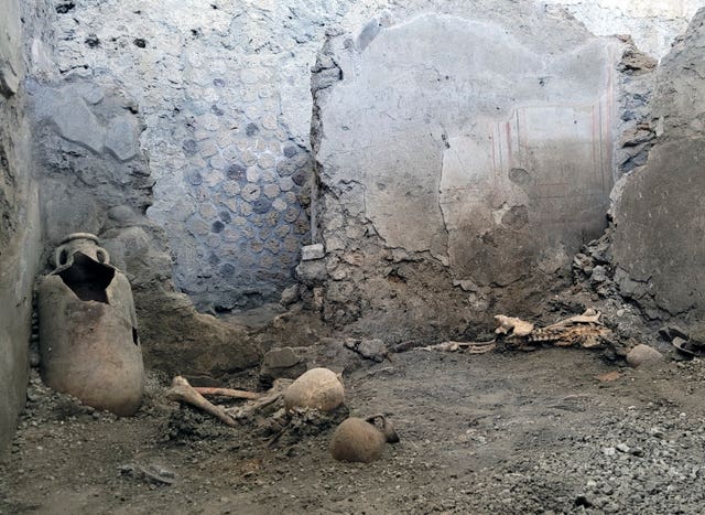 The two skeletons were found in the insula of the Casti Amanti, beneath a wall that collapsed before the area was covered in volcanic material
