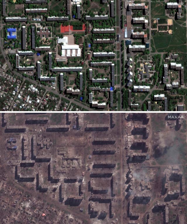 These satellite images provided by MaxarTechnologies show school and apartment buildings in Bakhmut, Ukraine, Sunday, May 8, 2022, top, and the same buildings demolished on Monday, May 15, 2023, bottom 