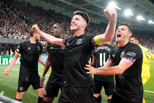 West Ham’s Declan Rice celebrates after the final whistle