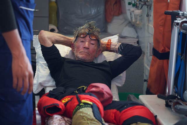 Spanish climber Carlos Soria arrives at the Hams hospital after being rescued from Dhaulagiri mountain region in Kathmandu, Nepal