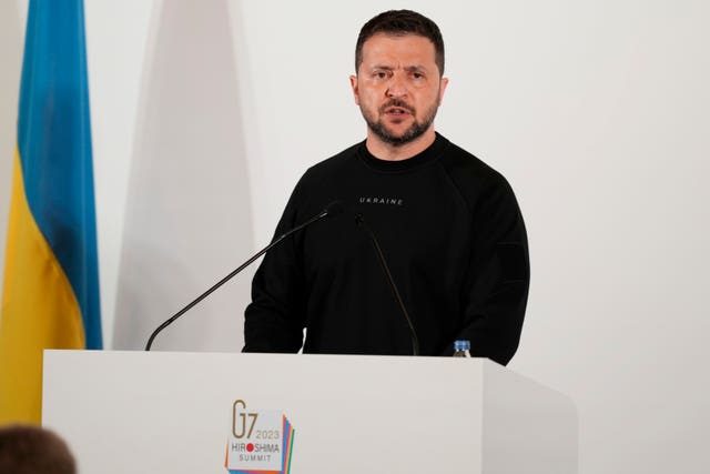 Ukrainian President Volodymyr Zelensky speaks during a news conference at the Group of Seven nations’ summit in Hiroshima, western Japan