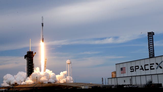A SpaceX Falcon 9 rocket, with the Dragon capsule and a crew of four private astronauts, lifts off from Pad 39A at the Kennedy Space Centre in Cape Canaveral, Florida