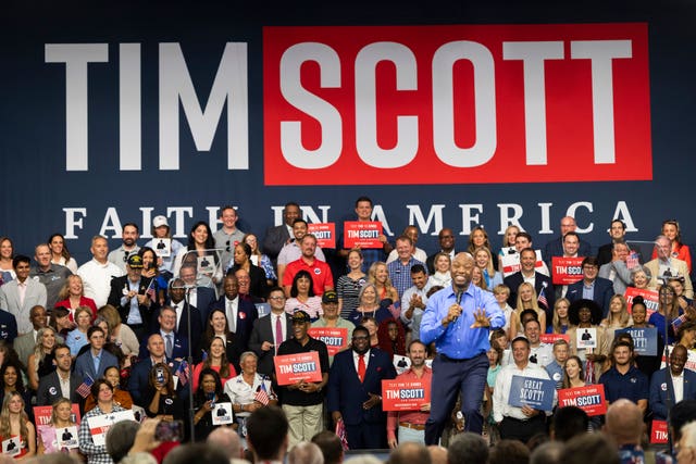 Republican presidential candidate Tim Scott delivers his speech announcing his candidacy for president of the United States on the campus of Charleston Southern University in North Charleston, South Carolina