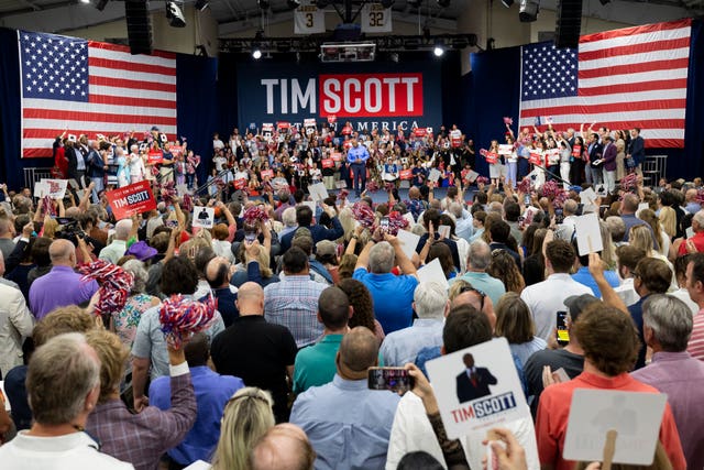 Republican presidential candidate Tim Scott delivers his speech announcing his candidacy for president of the United States on the campus of Charleston Southern University in North Charleston, South Carolina
