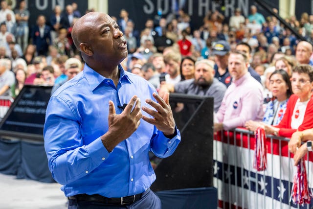 Republican presidential candidate Tim Scott delivers his speech announcing his candidacy for president of the United States on the campus of Charleston Southern University in North Charleston, South Carolina 